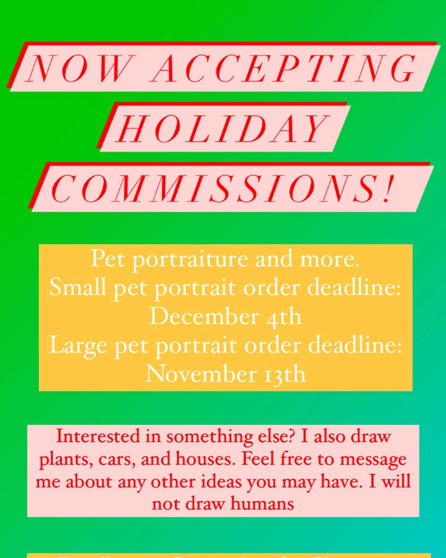 Holiday commissions open! Please note deadlines are for arrival by Christmas Day only. If you need something before or after then please let me know when ordering. Feel free to email me at lucycleekart@gmail.com or text me at 423-335-1113 with any qu