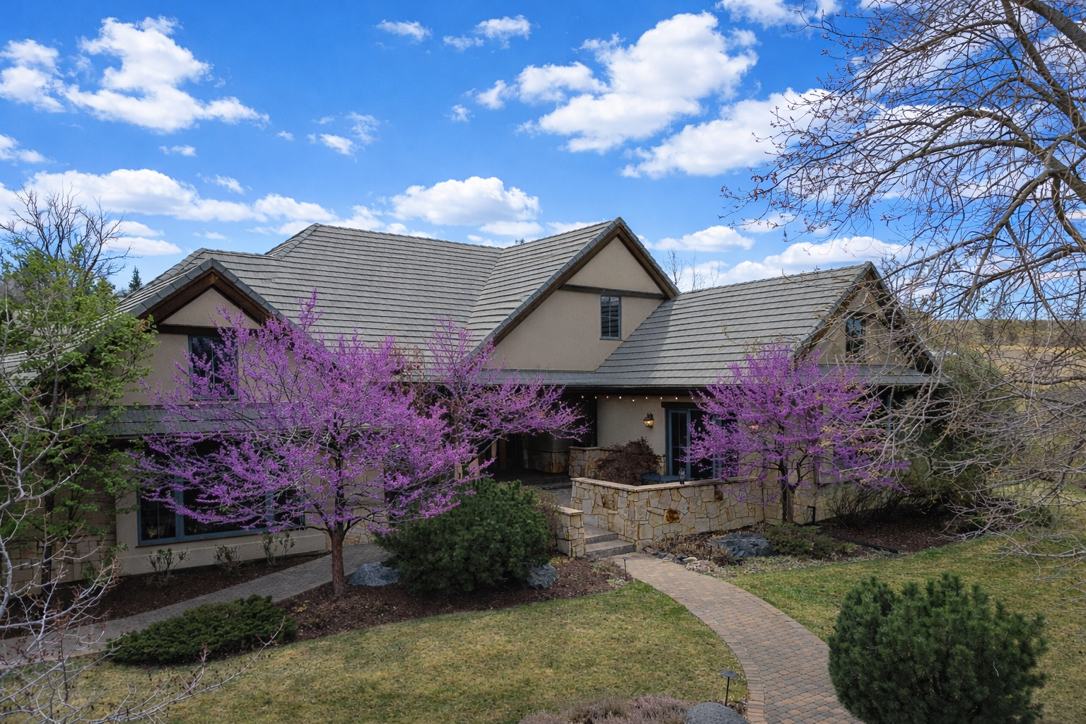 Suburban home with blooming Redbuds.png