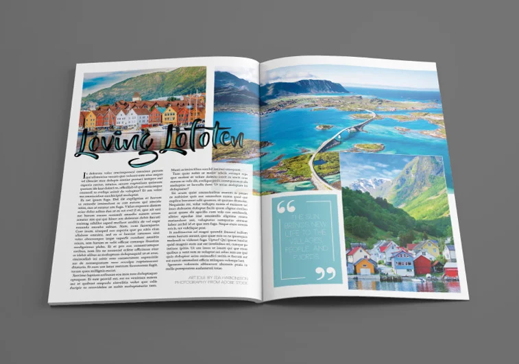 Layout design sample for travel publication. Photography from Adobe Stock Images.