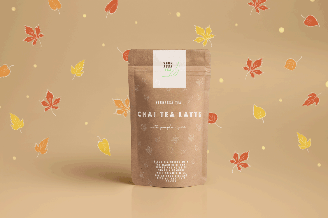 Logo, package, and gif design for web advertising for Vernassa Tea’s autumn-centric chai tea latte with pumpkin spice.