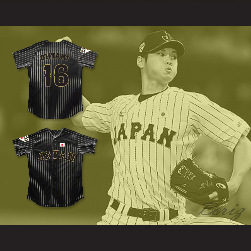 Shohei Ohtani 16 Japan Samurai Black Pinstriped Baseball Jersey Stitch Novelty Item : Sports & Outdoors