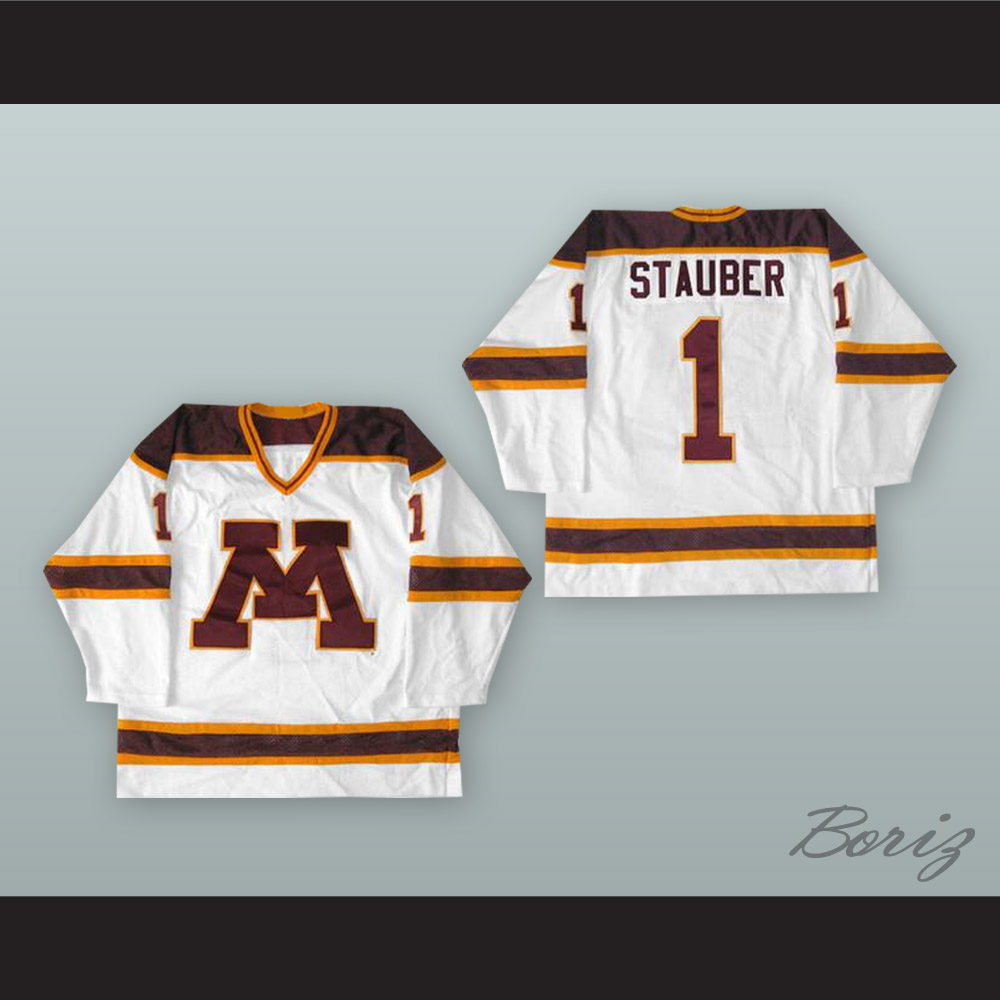 Robb Stauber 1 University of Minnesota White Hockey Jersey — BORIZ