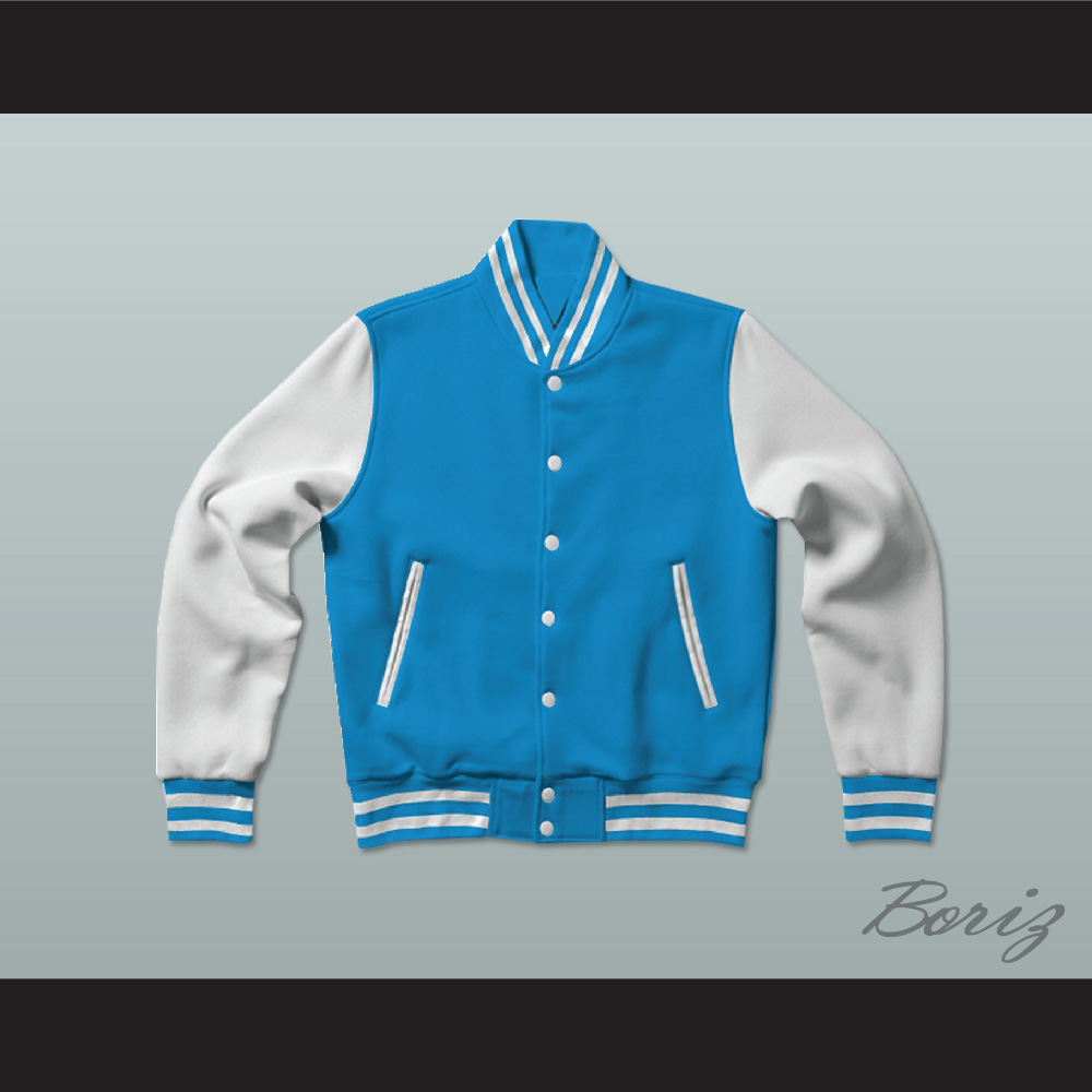 Light Blue and White Varsity Letterman Jacket-Style Sweatshirt — BORIZ