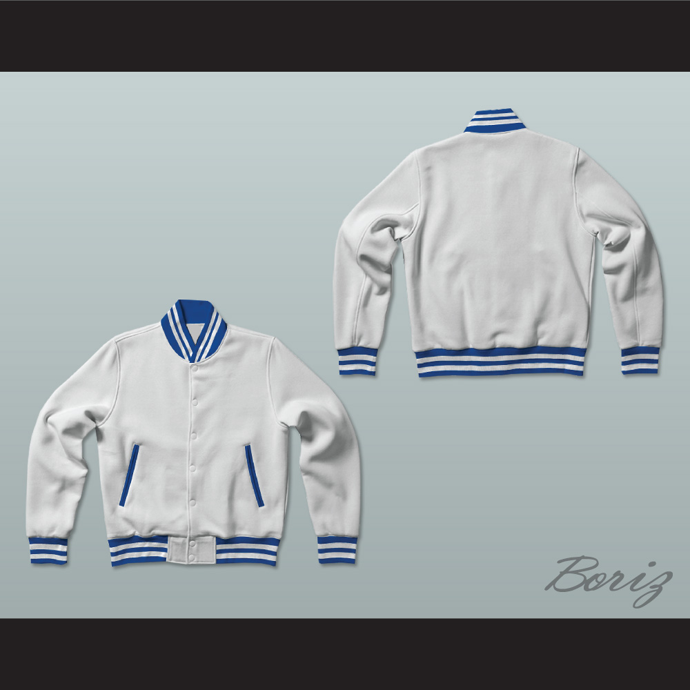 Light Blue and White Varsity Letterman Jacket-Style Sweatshirt — BORIZ