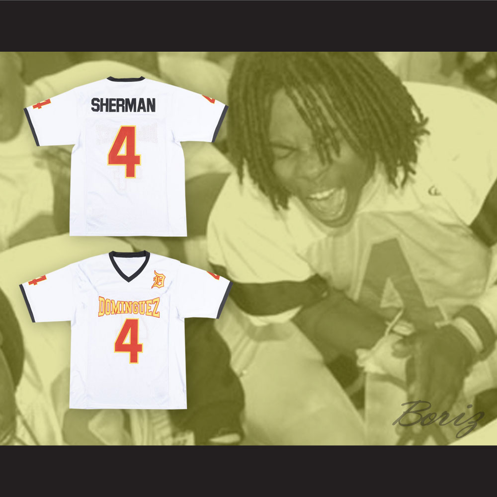 Richard Sherman 4 Manuel Dominguez High School White Football Jersey — BORIZ
