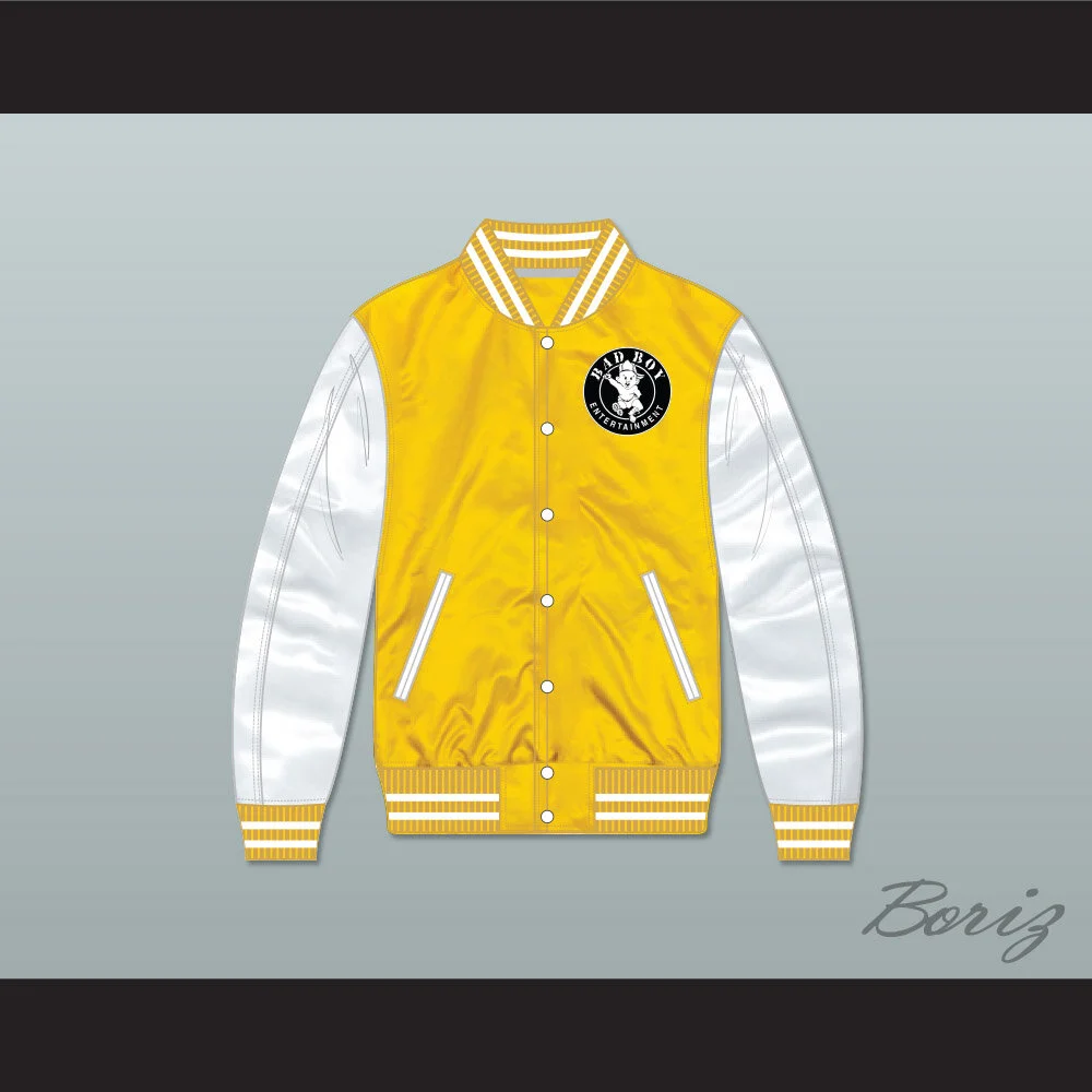 yellow and white varsity jacket