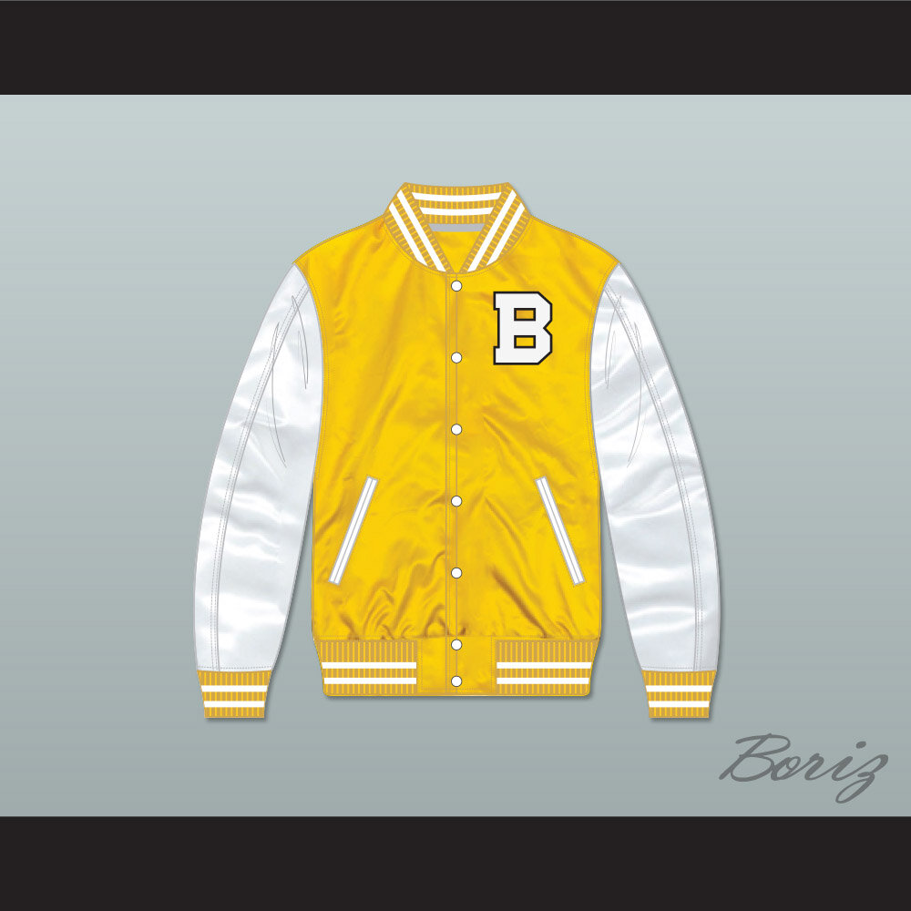  Varsity Baseball Letterman Bomber School Collage Premium Wool  and Genuine Yellow Gold Leather Sleeves Zipper Jacket : Clothing, Shoes 