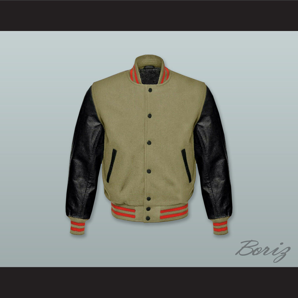 Olive Green Wool and Black Lab Leather Varsity Letterman Jacket — BORIZ
