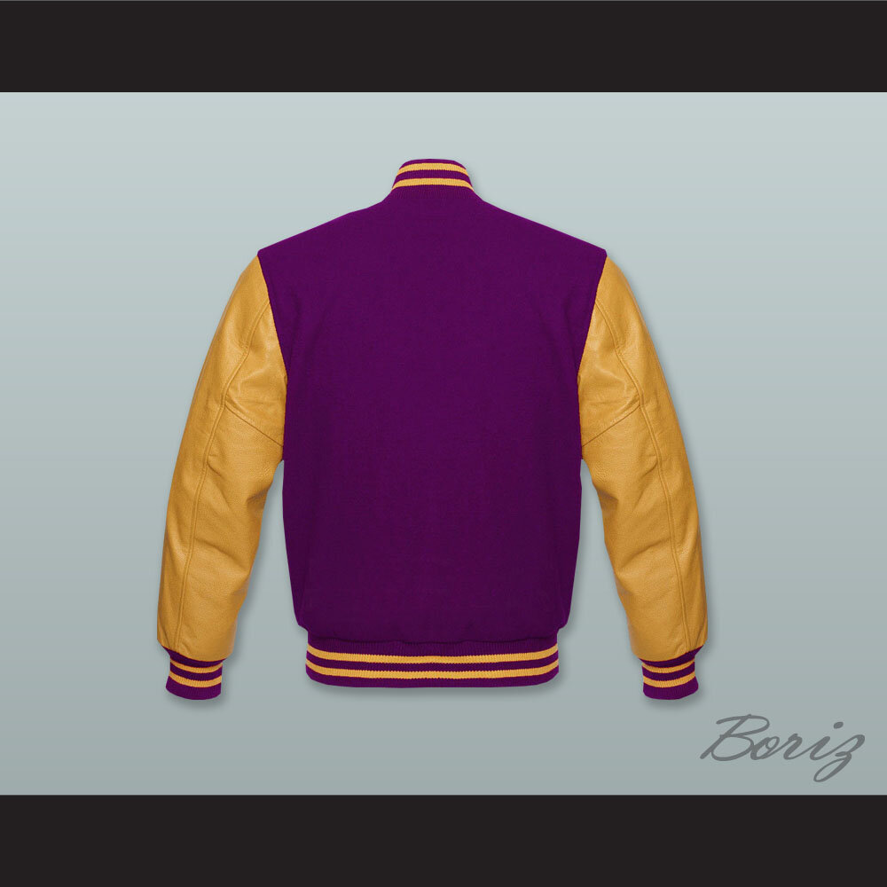 Purple Wool and Yellow Gold Lab Leather Varsity Letterman Jacket — BORIZ