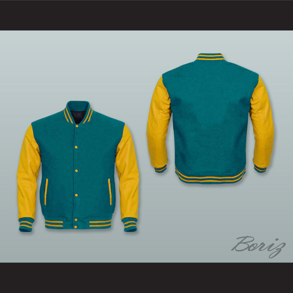 Mens Varsity Jacket Yellow Wool and Turquoise Genuine Leather Sleeves  Letterman Baseball Bomber Style Knit Rib Jacket at  Men’s Clothing  store
