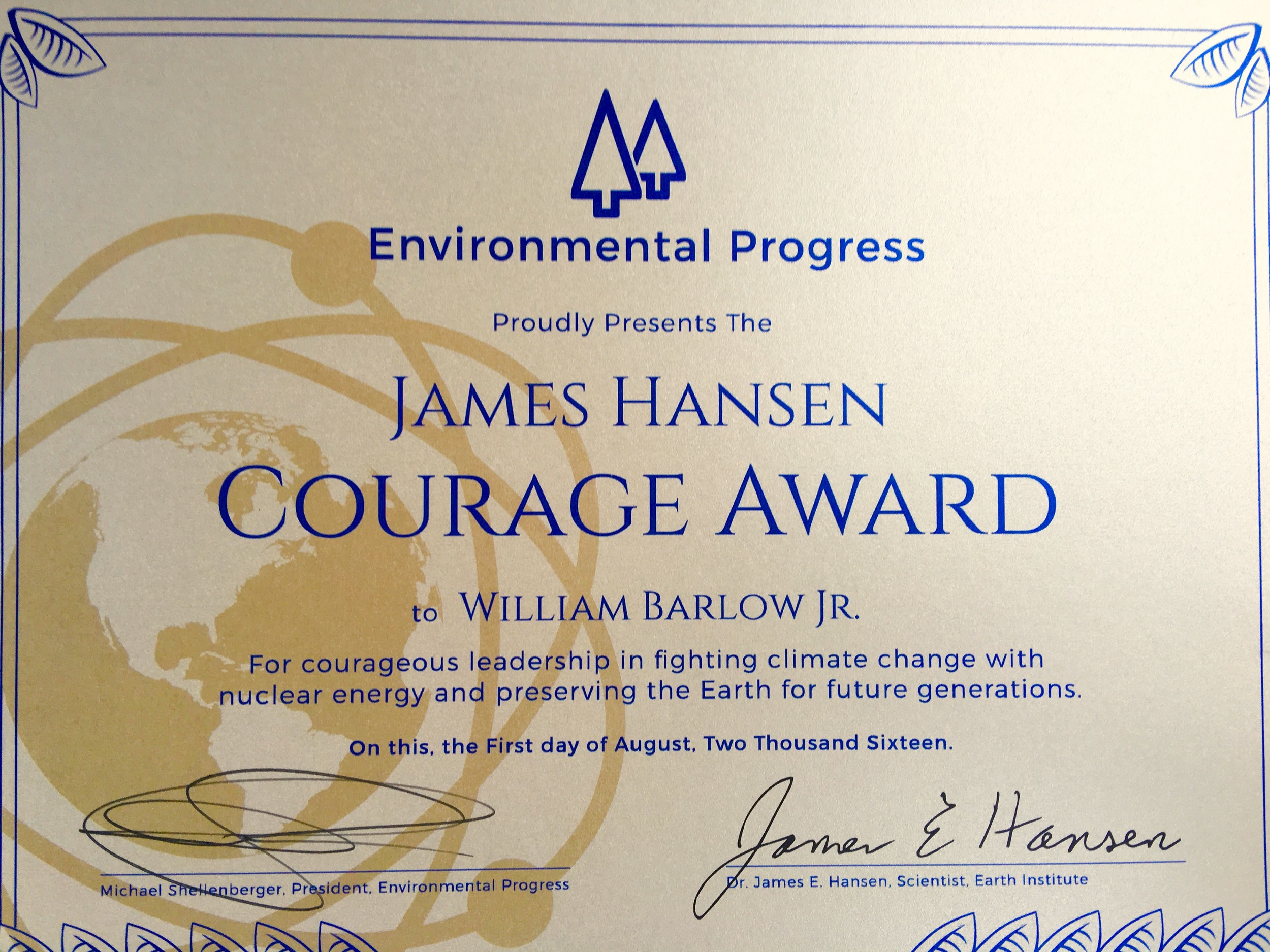 EP gave the James Hansen Courage Award to the community leaders of Oswego, NY for their efforts saving New York nuclear plants. Without their tenacity, yesterday's victory likely would not have happened. (William Barlow, Jr., is the 25 year-old mayor of Oswego.)
