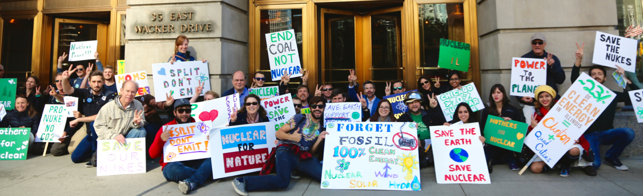 "Save the Nukes" activists protesting Environmental Law and Policy Center (ELPC) in Chicago. ELPC has fought to halt construction, and close down, Illinois nuclear reactors, for over 20 years, and takes money from fossil and renewable energy companies that stand to benefit from the closure of Clinton and Quad Cities nuclear plants.