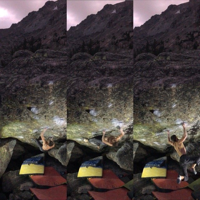 Three images show progressive movement of male climber bouldering on outdoor boulder.