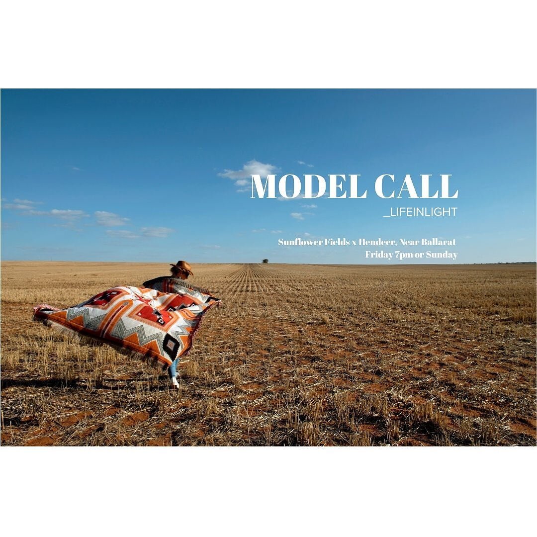 🚨URGENT MODEL CALL!🚨I am looking for an adventurous couple in their 20's with a boho vibe for a photo shoot with @hendeer.official THIS FRIDAY NIGHT at 7pm at the sunflower fields at Dunnstown (near Ballarat). 

Alternative date is this Sunday duri