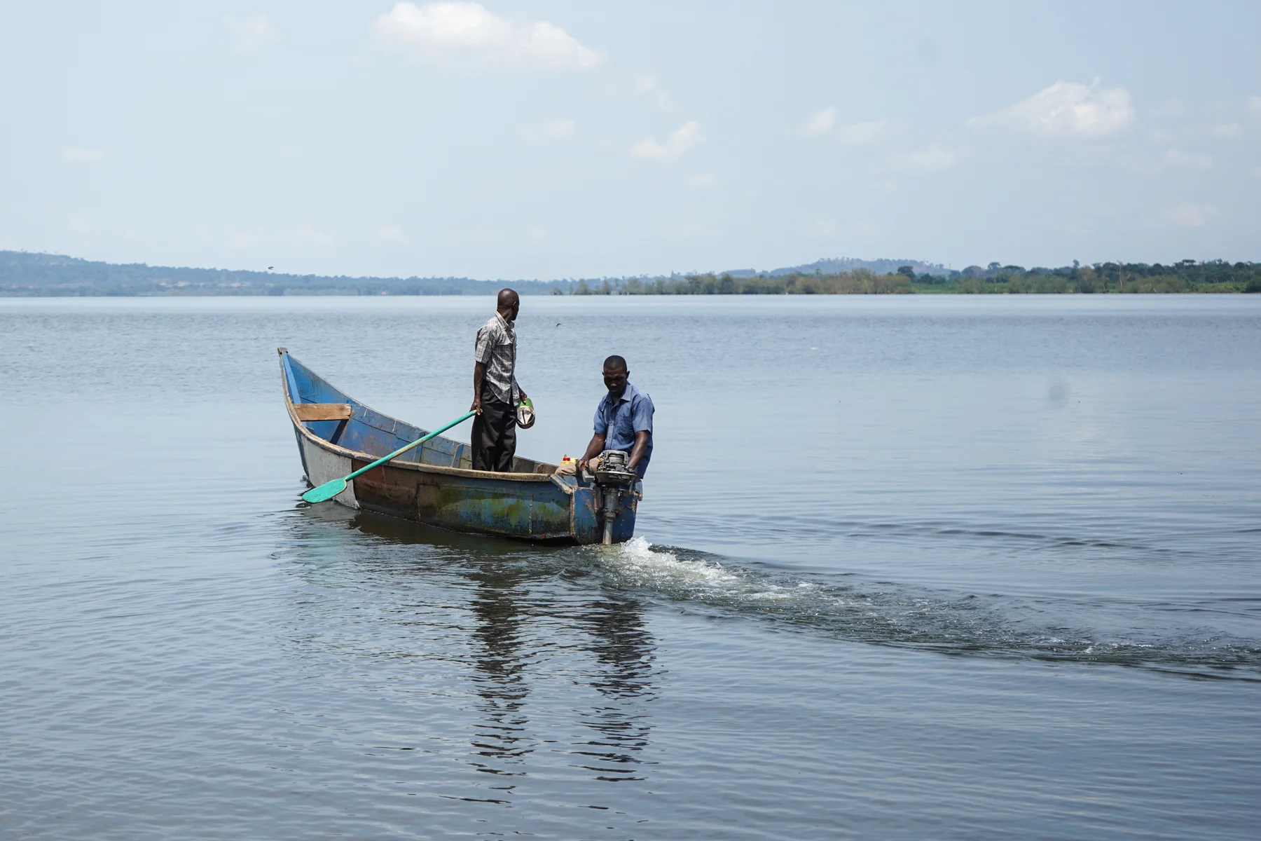 One of the wooden boats typically used on Lake Victoria. This one has a motor — most don’t