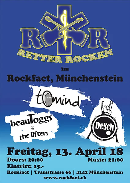 Die Retter (man kennt sie aus dem Spital und den grünen Notfallwagen) rocken im Rockfact Music Club!!! Ein Feuerwerk an gutem handmade Rock, Blues und Pop von drei Bands. Ein einmaliges Projekt zur Rettung der guten Laune und ein Abend zum schwelgen, tanzen und geniessen. Let’s rumble. 20 Uhr, Eintritt CHF 15.-