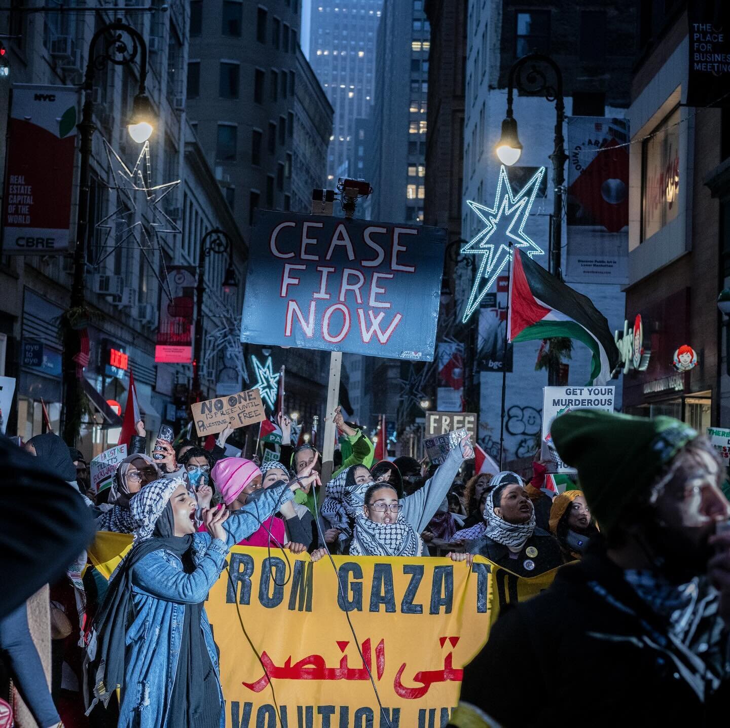 Hundreds of pro-Palestinian protesters march in Lower Manhattan, New York, on December 29, 2023. The rally shut down streets to traffic as it moved between landmarks including Zuccotti Park, the Stock Exchange, and finally, Foley Square. @viiphoto