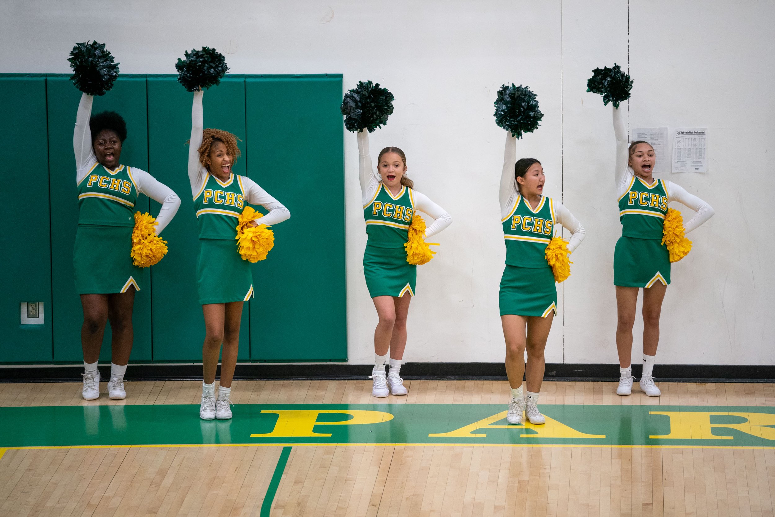  Cheerleaders are able to pump up the crowd in-person after several years of isolation during a Boys’ Varsity Basketball game at Park Center High School Jan. 10, 2023 in Brooklyn Park, Minn. Park Center High School enrolls over 2,000 students and is 