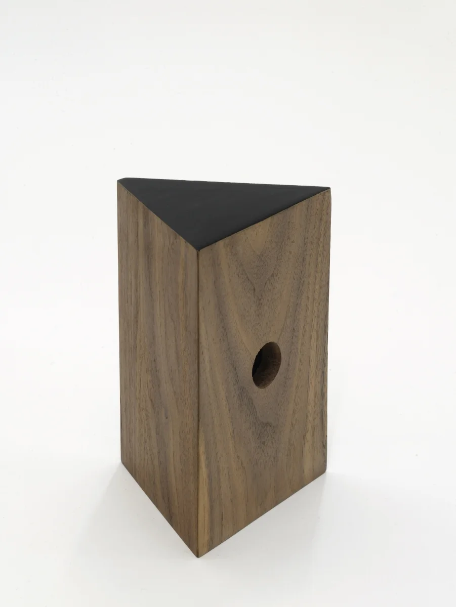 Becky Beasley, Camera II , 2014, Walnut, black lacquer 17.5 x 12 x 10 cm. Courtesy Laura Bartlett Gallery, London.