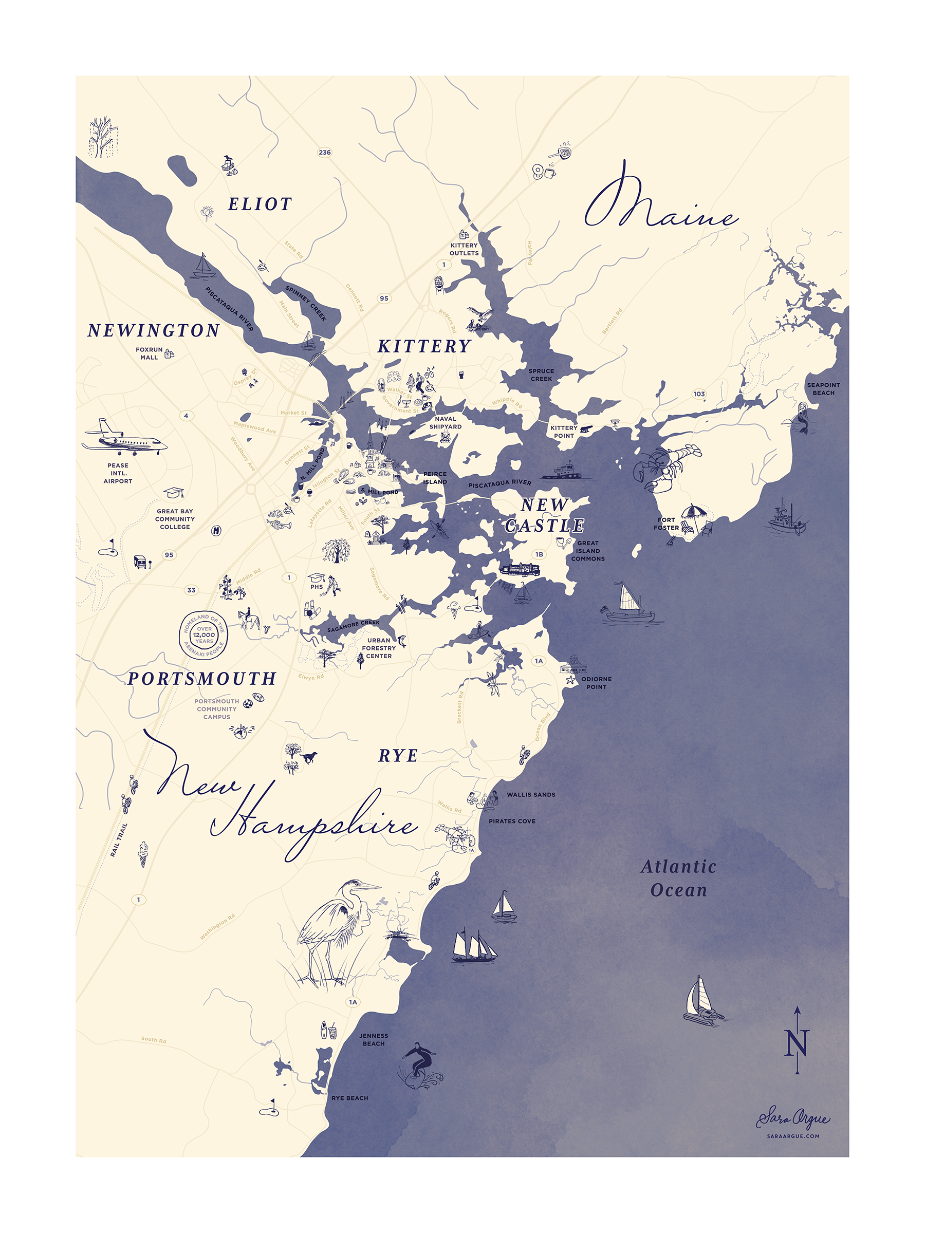 Sara Argue Portsmouth NH, Kittery ME, Rye NH Illustrated Map