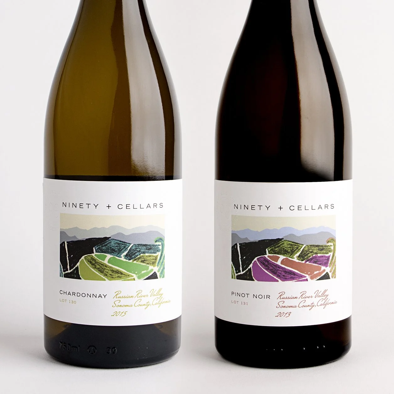 Hand drawn, abstract wine label artwork of mountains in California