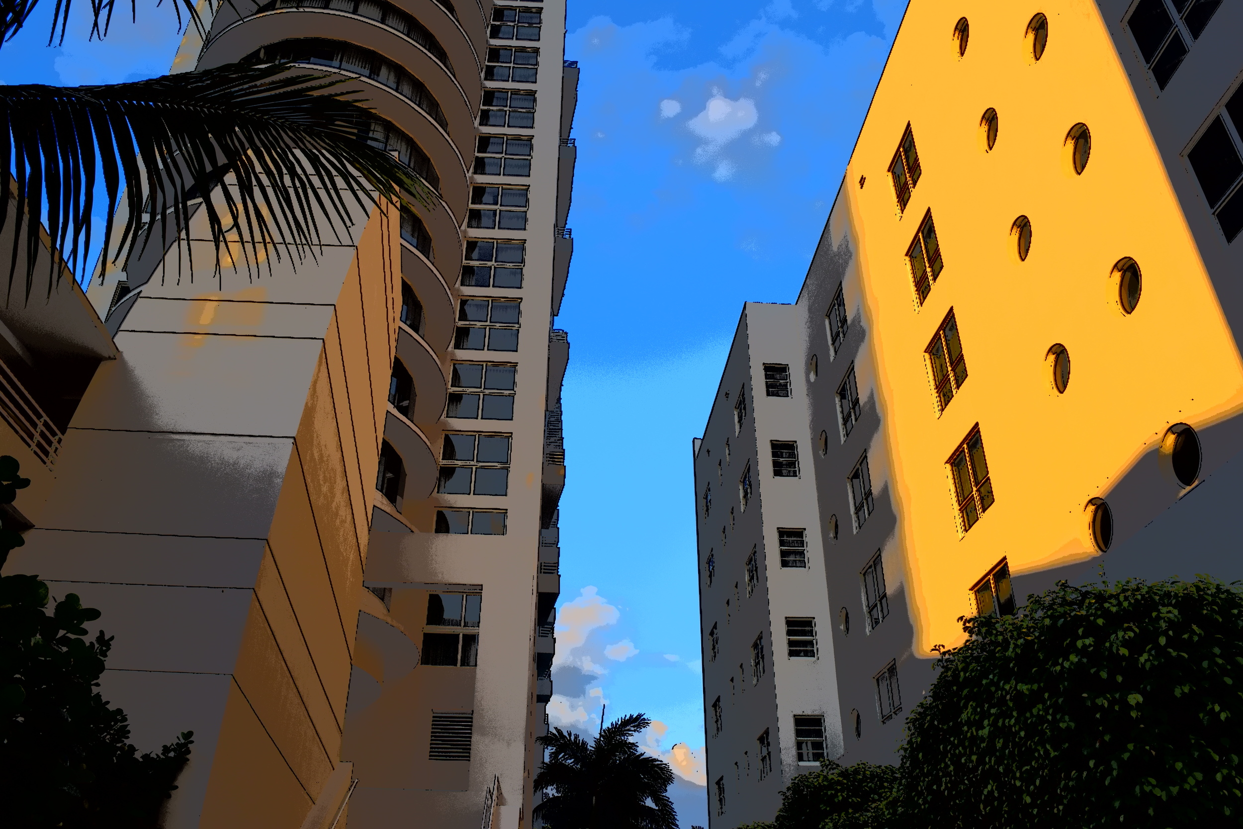  Miami Beach hotel glistening with morning sun.  