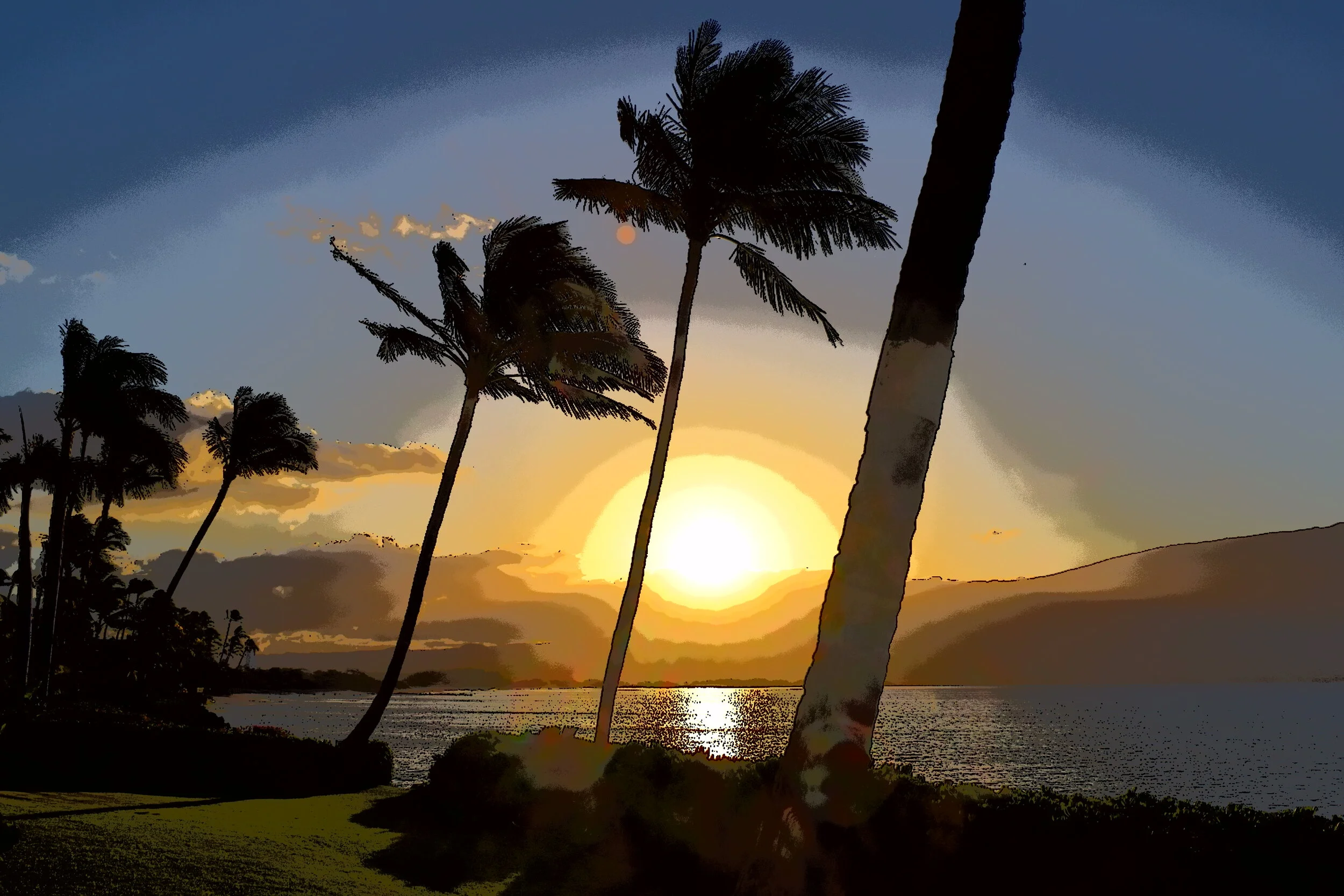  Paintbrush of palms bending to the will of a setting sun in Maui. 