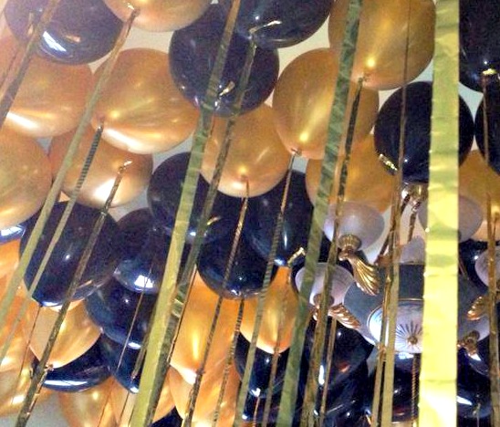 Our Large 16" Streamer Balloons Fill the Ceiling of this ballroom.