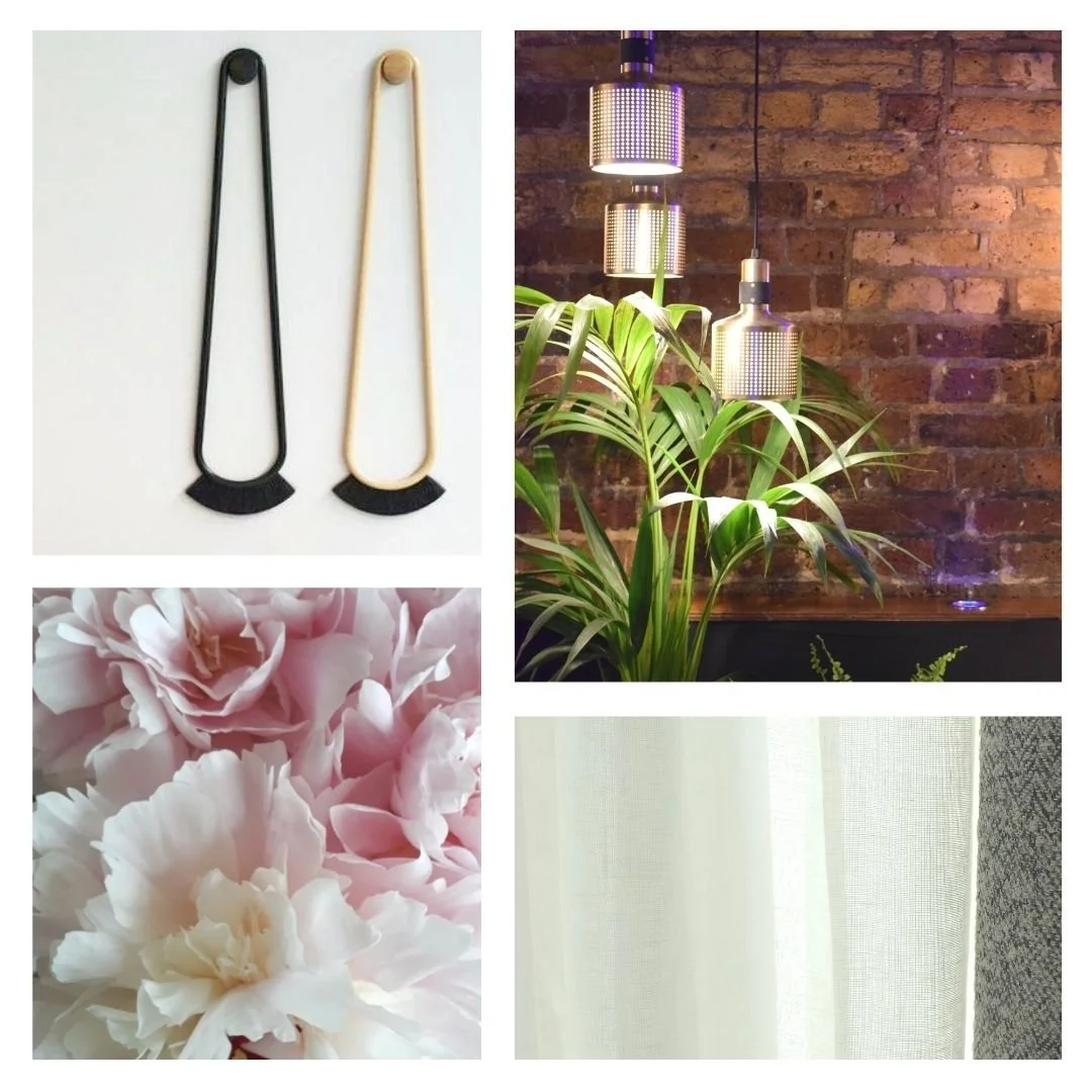 Mood board with flowers fabrics and pendant lights©Detail Movement
