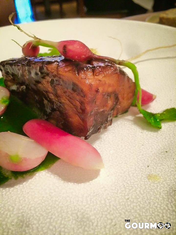 Pork belly, malt, turnip and radish
