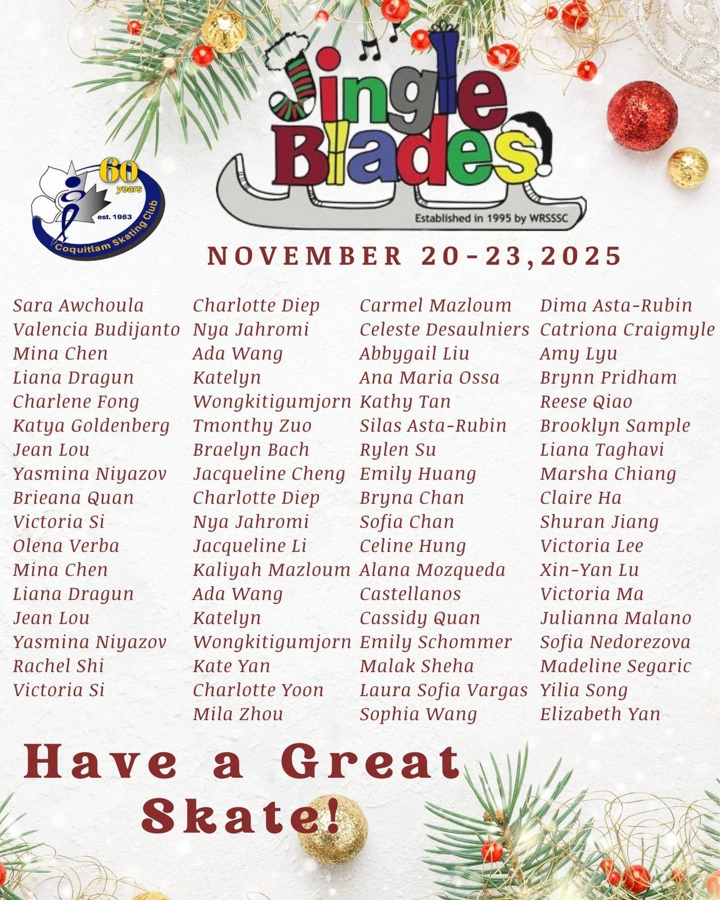 ✨ Good luck to our skaters! ✨

Wishing all our Coquitlam Skating Club skaters the very best as they compete at the BC Coast Region Jingle Blades Competition starting tomorrow and running throughout the weekend at the North Surrey Sport &amp; Ice Comp