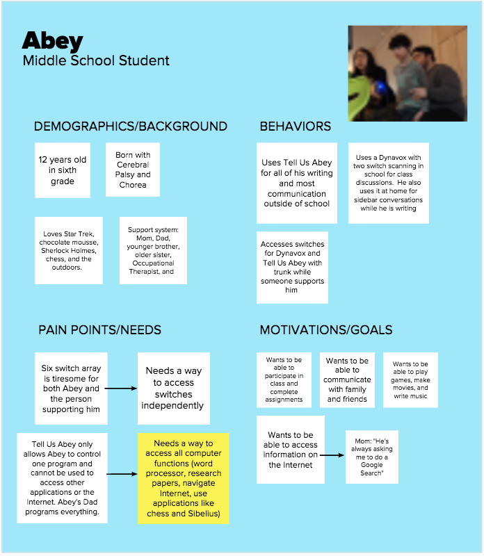  We developed a user profile based on interviews conducted with Abey and his family.&nbsp; 