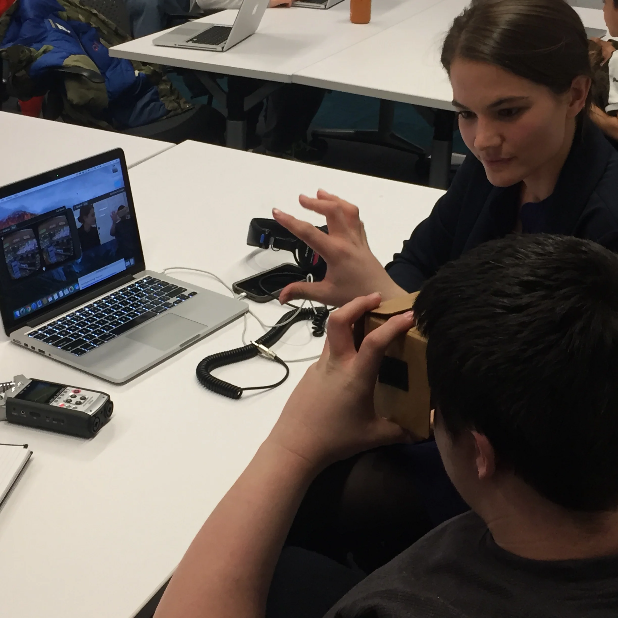  Here, a student is reaching for an item of the virtual grocery shelf. When he first put the Google Cardboard on, he said, "Wow, it feels like I'm at Stop-N-Shop!" 