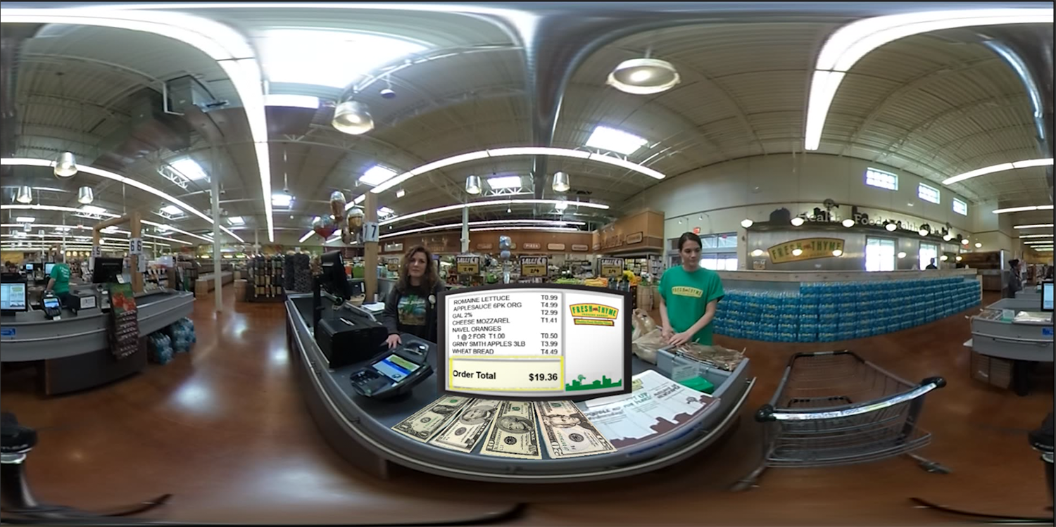 The register screen and bills were 2D images created in Photoshop and added to the 360 footage in Premiere Pro. 