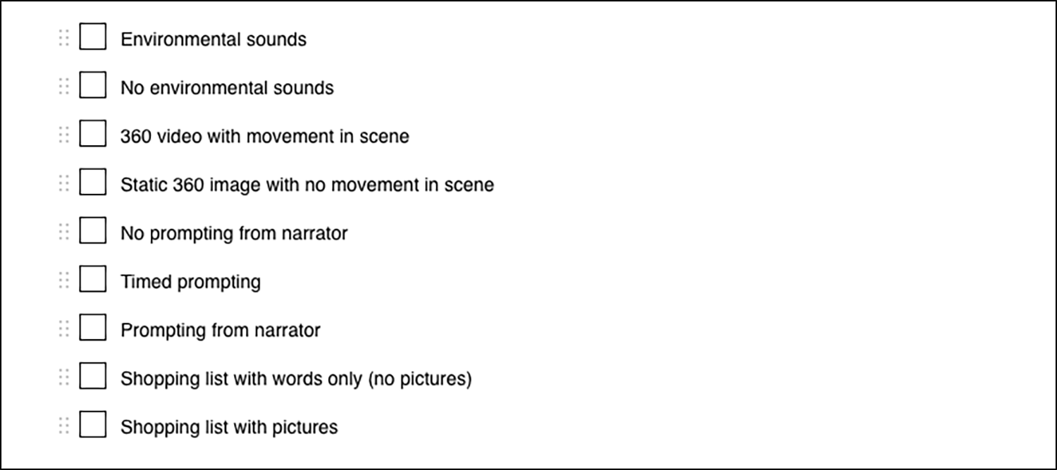 An example of options that could be provided to to give the OT the ability to customize the VR experience depending on the individual needs of the student. 