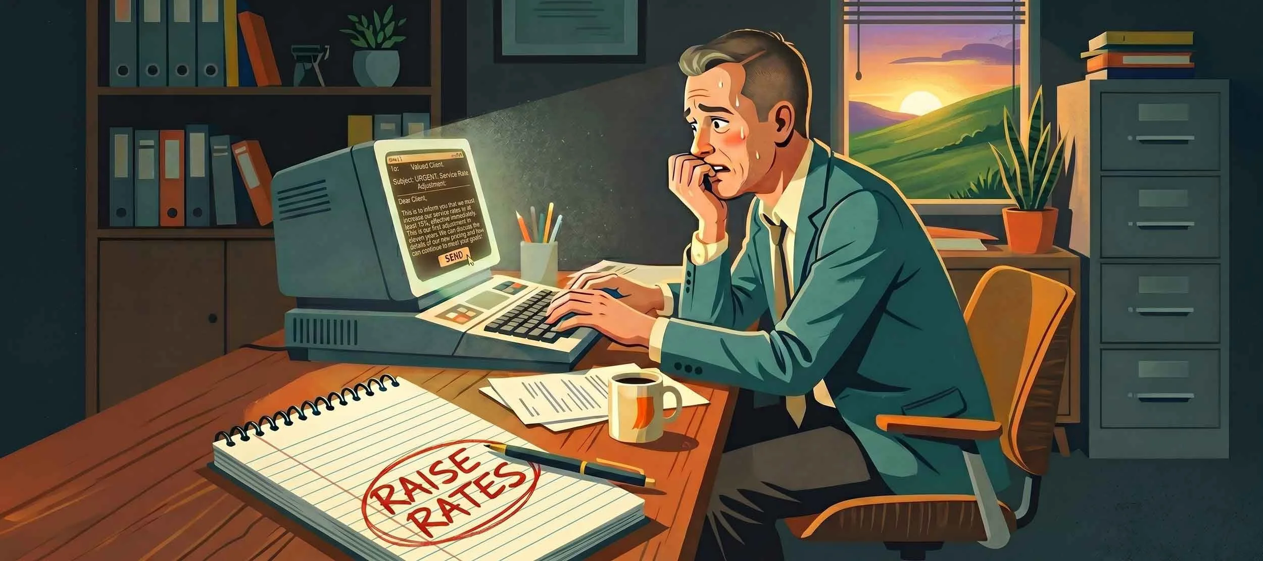 Independent consultant experiencing anxiety before figuring out how to tell clients about a price increase.
