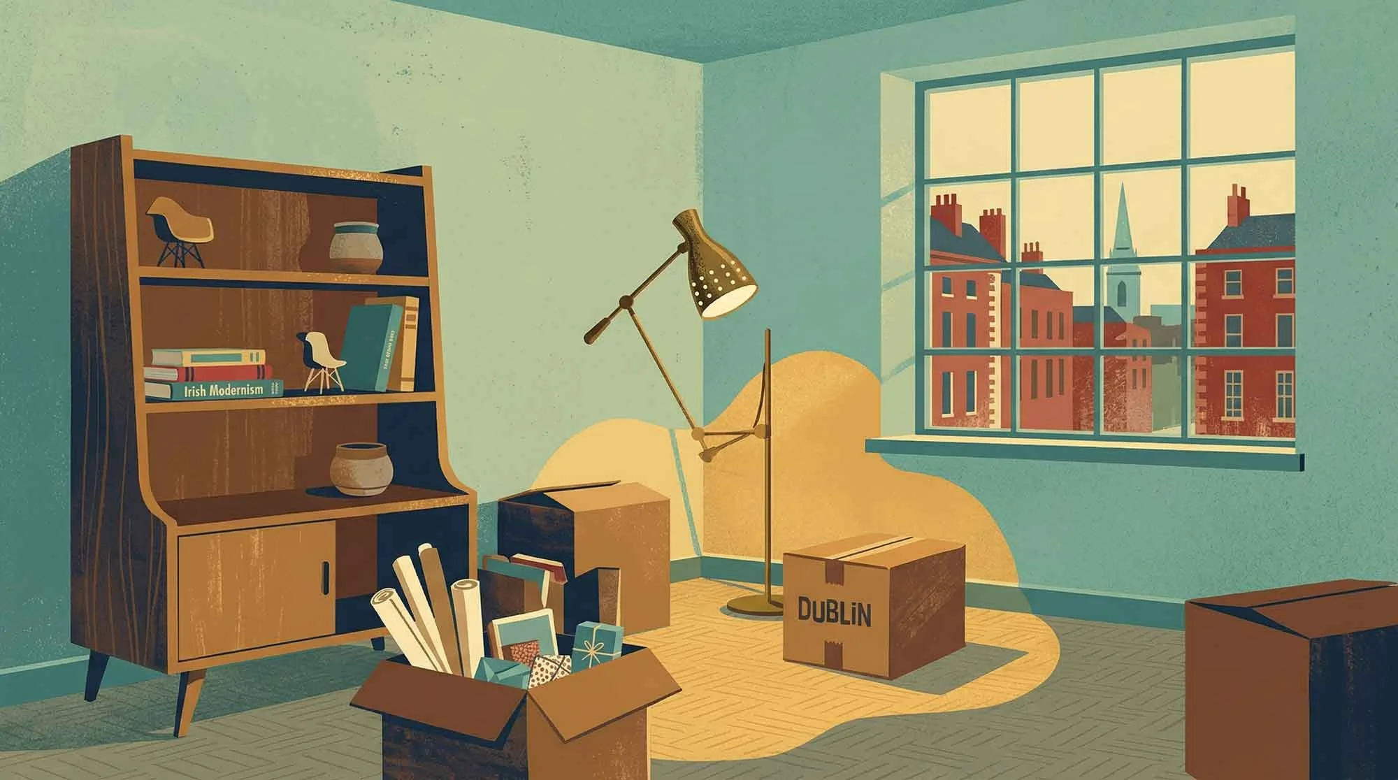 Illustration of a half-unpacked home with empty shelves and moving boxes, representing change and transition