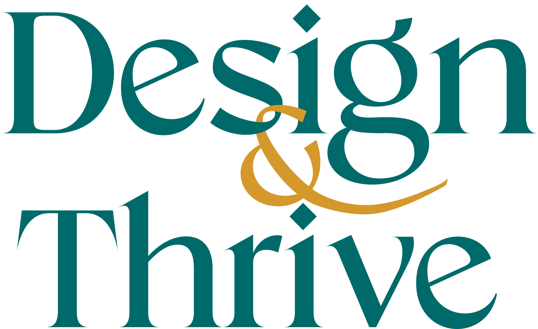 "Design & Thrive" text logo in teal and gold.