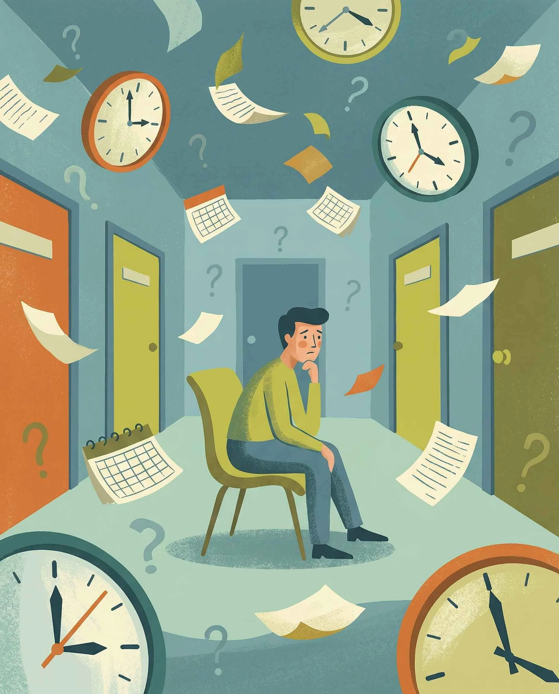 Illustration of a person sitting alone in a surreal waiting room surrounded by clocks, papers, and uncertainty