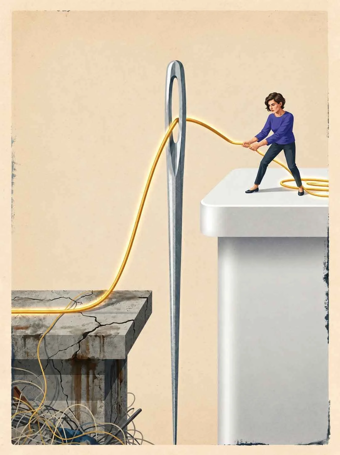 A mid-century modern illustration of a golden thread bridging two pricing levels to show how to increase pricing to clients without them leaving.