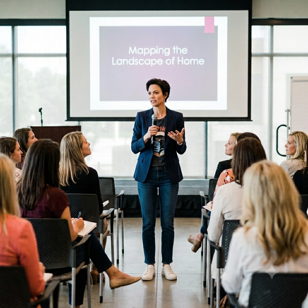 Woman standing at front of room delivering a workshop to a room ful of attendees. Screen behind her says: Mapping the Landscape of Home