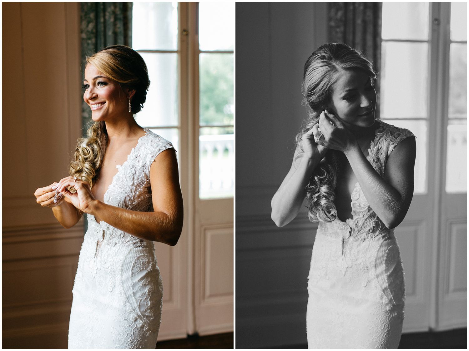 bride putting in earrings