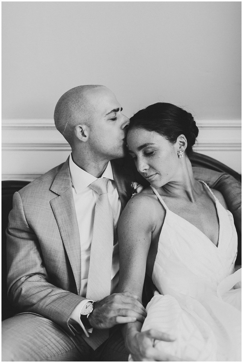 black and white intimate moment with bride and groom