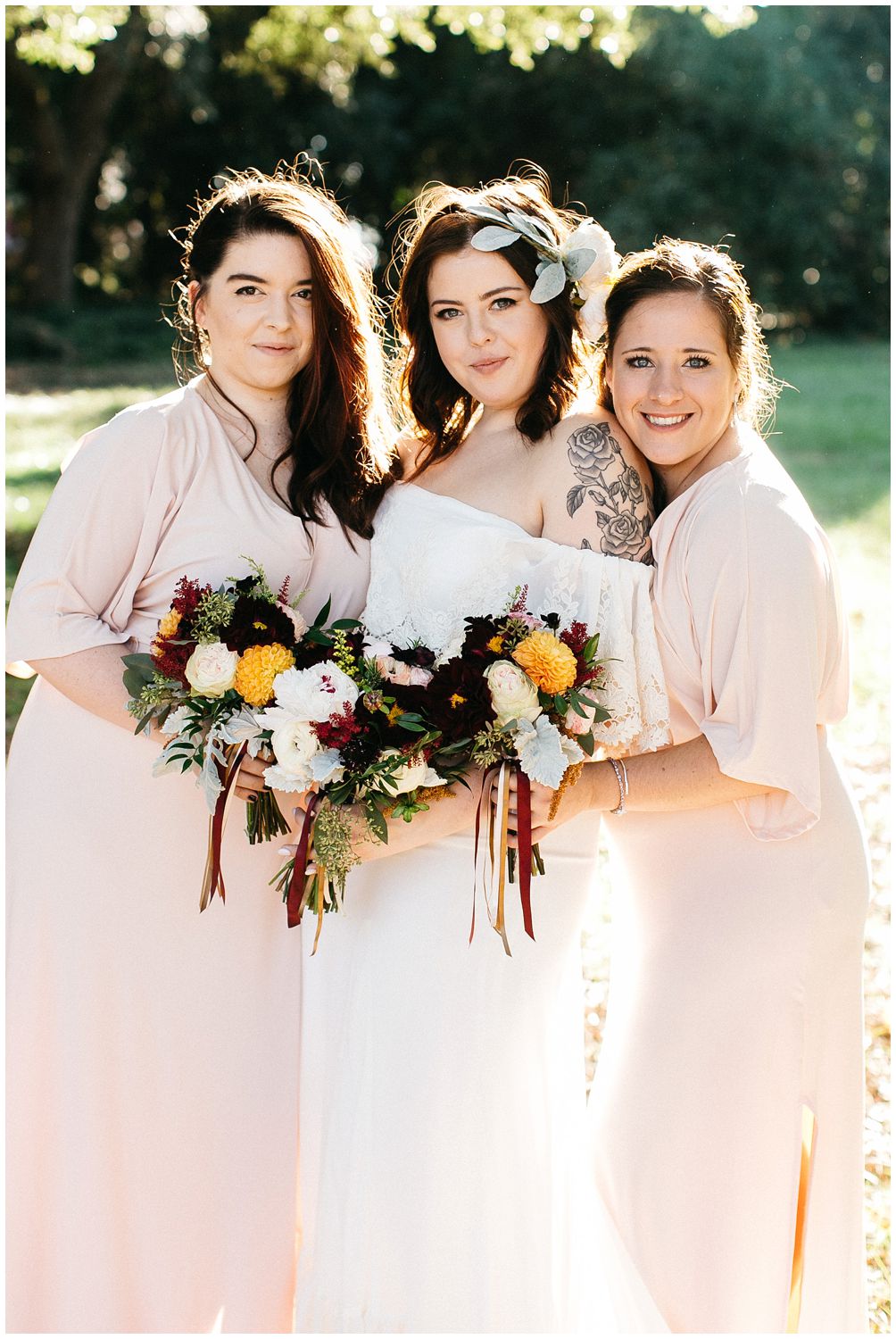 light pink full length bridesmaids dresses