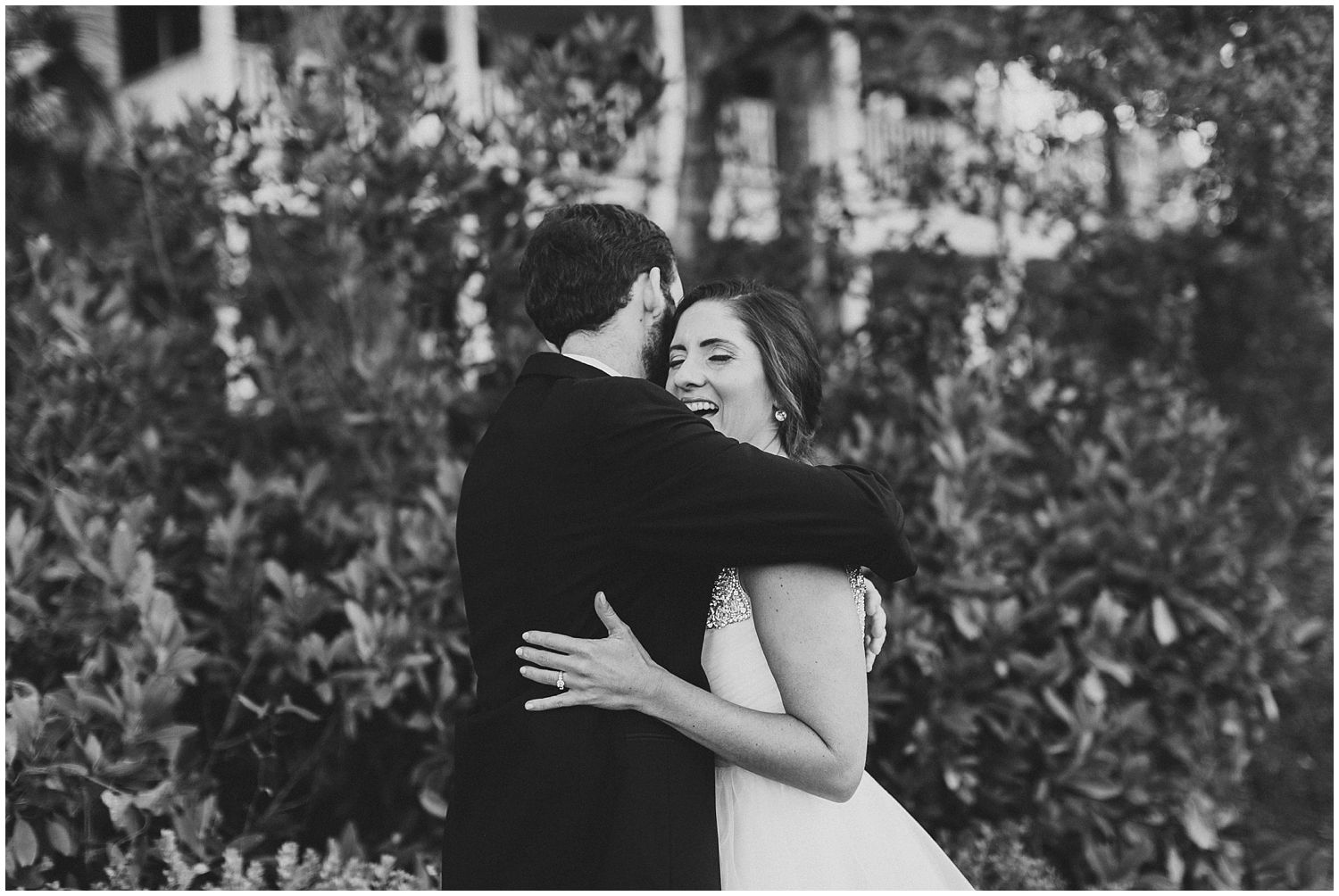 bride and groom first look black and white