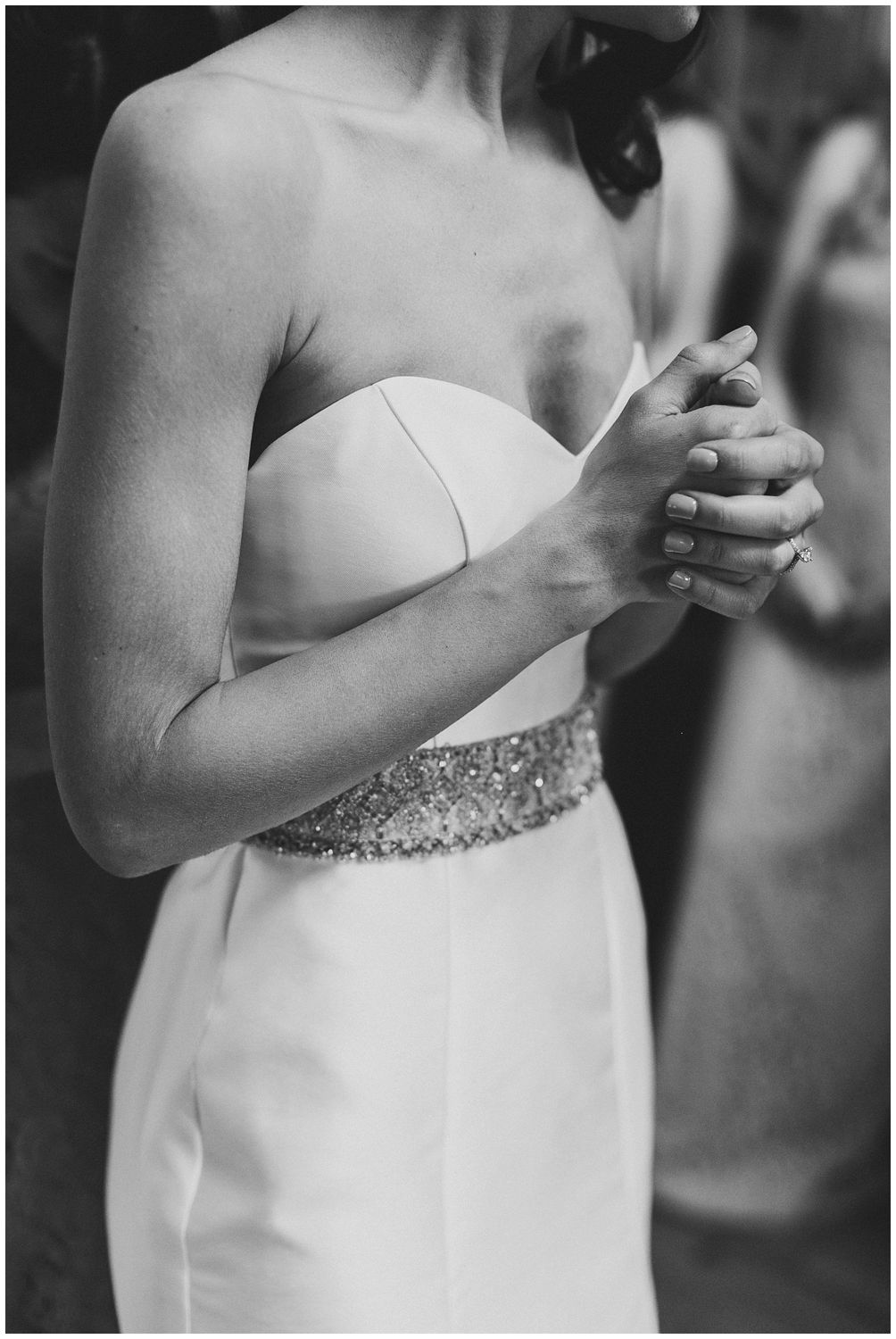 Bride in modern strapless wedding dress