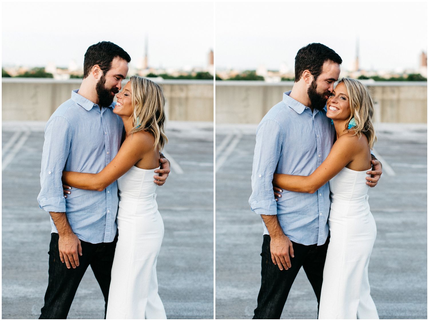 Rooftop engagement session and white jumpsuit