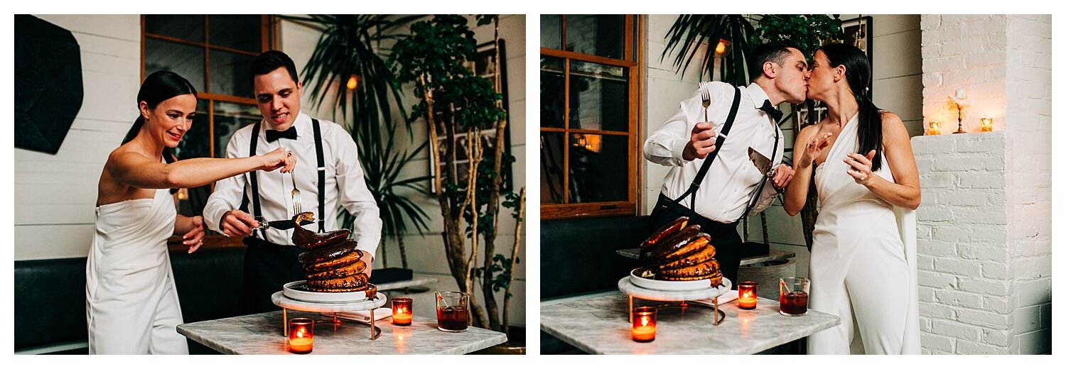 Bride and Groom cutting pancake cake