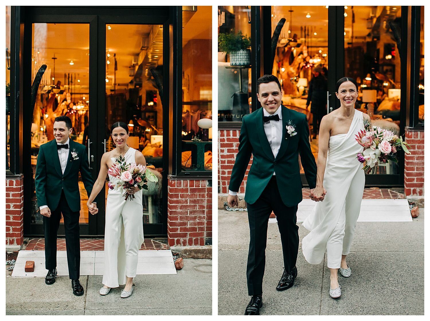 Bride and groom walking streets of Brooklyn