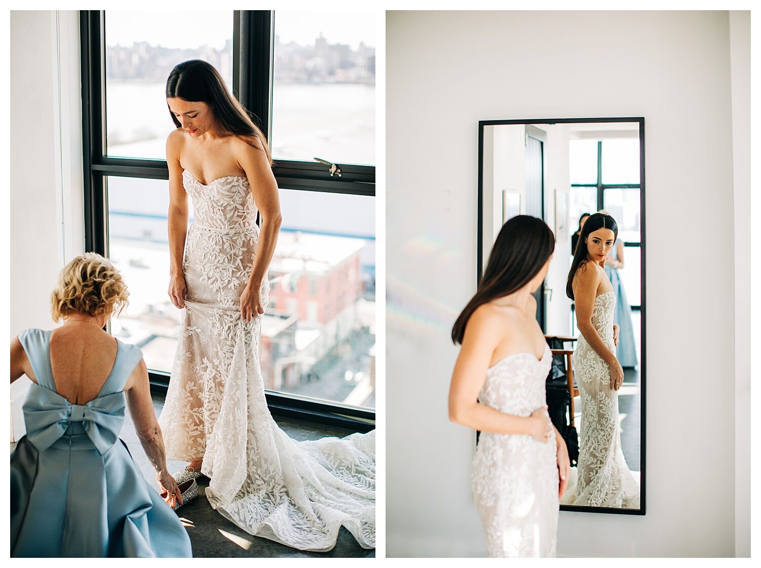 bride getting dressed by window